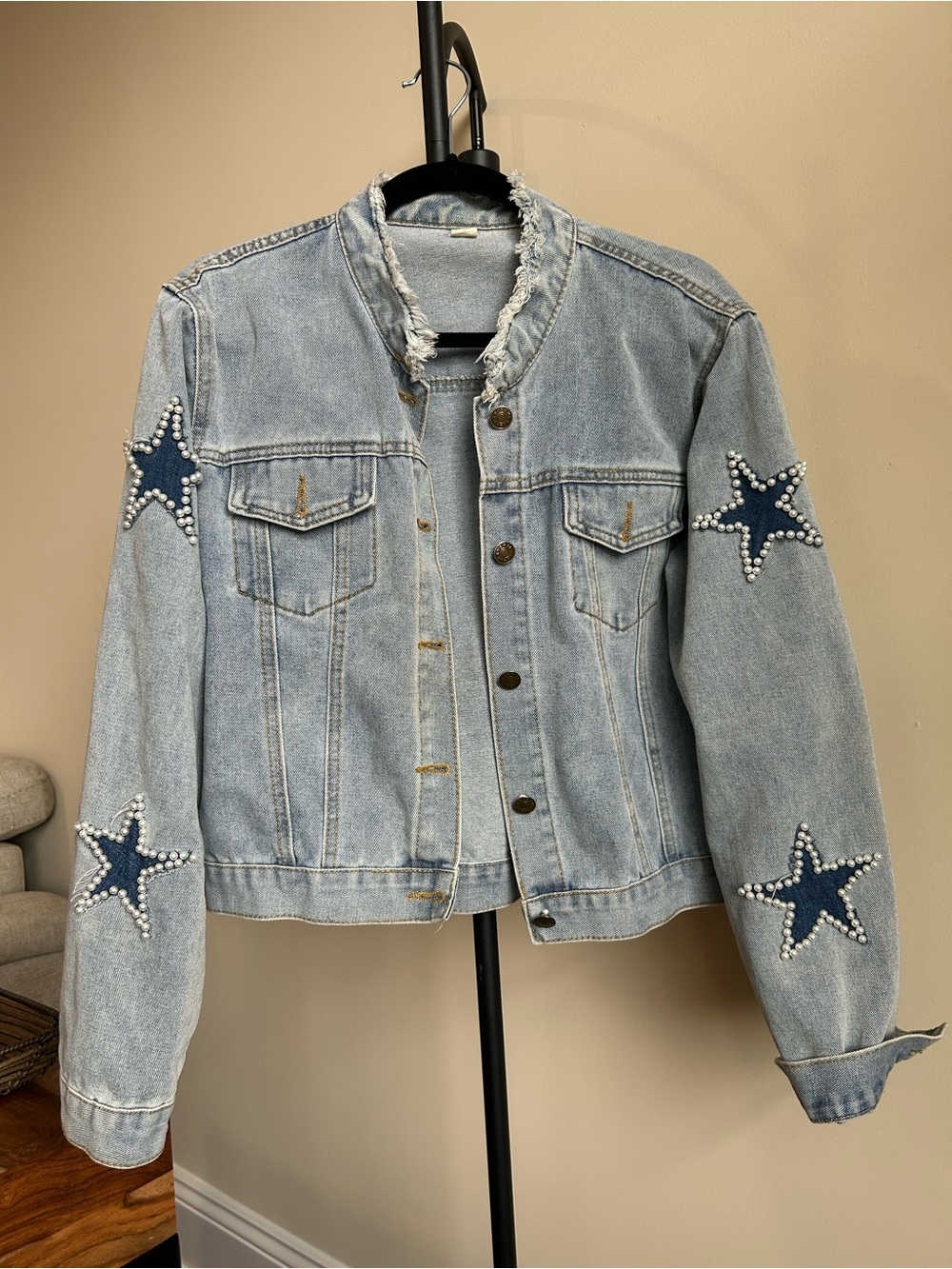Vintage Denim Jacket Star Beaded Studded Long Sleeve Western Y2K